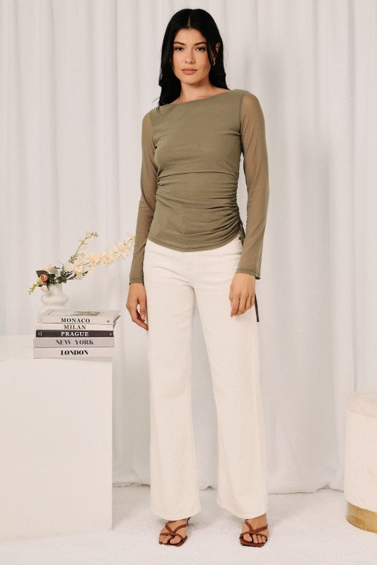 Boat Neck Sheer Ruched Mesh Top