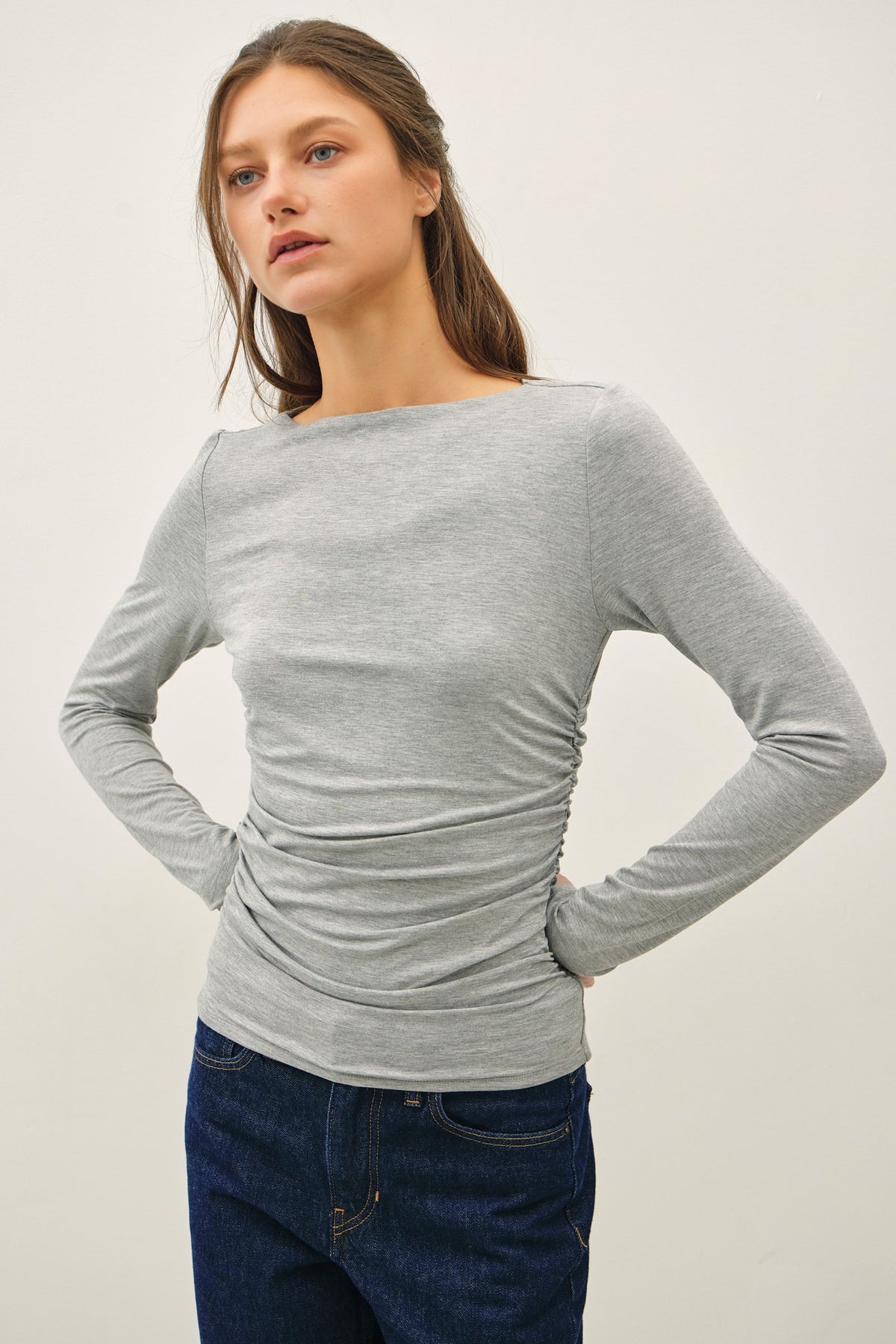 Boat Neck Side Ruched Top