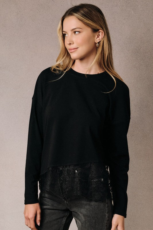 Oversized Lace Hem Long Sleeve Knit Top