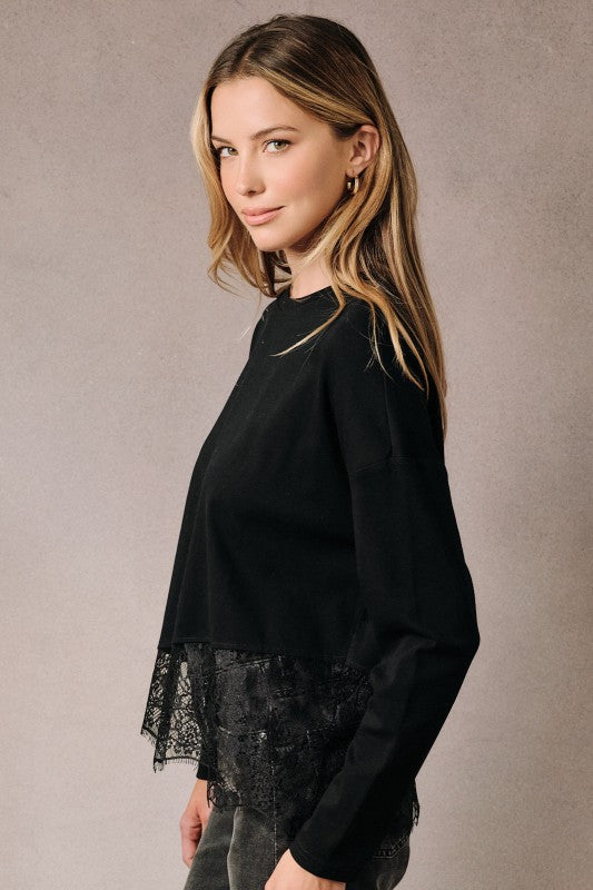 Oversized Lace Hem Long Sleeve Knit Top