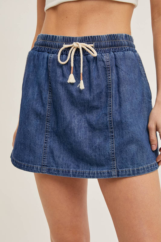 Denim Drawstring Skort With Pockets