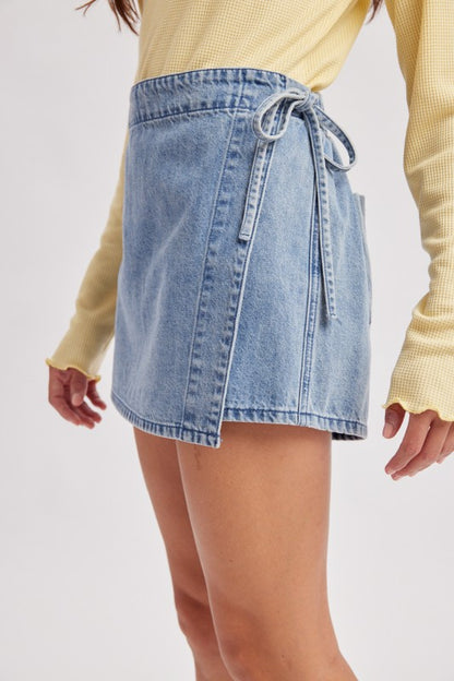 Denim Side Tie Wrap Skort