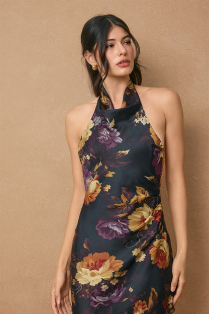 Floral Halter Side Pleated Maxi Dress