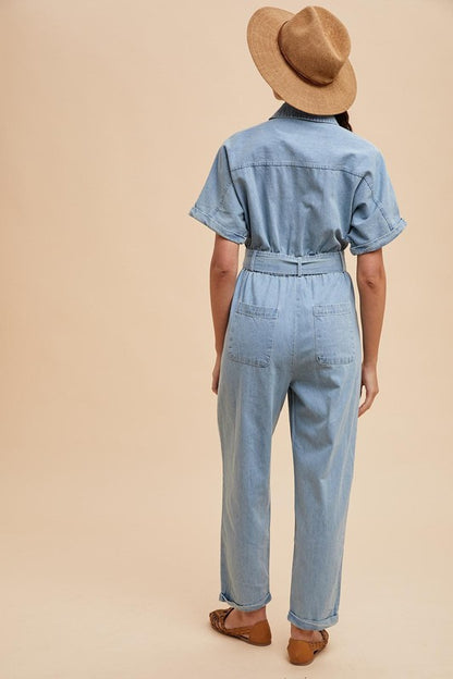 Denim Button Up Collared Jumpsuit