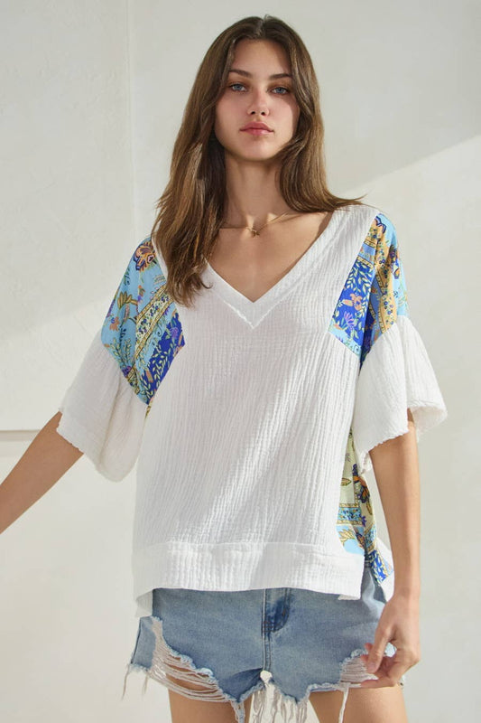 Cotton Gauze Print Patchwork Oversized Top