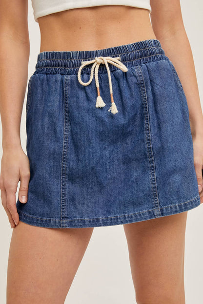 Denim Drawstring Skort With Pockets