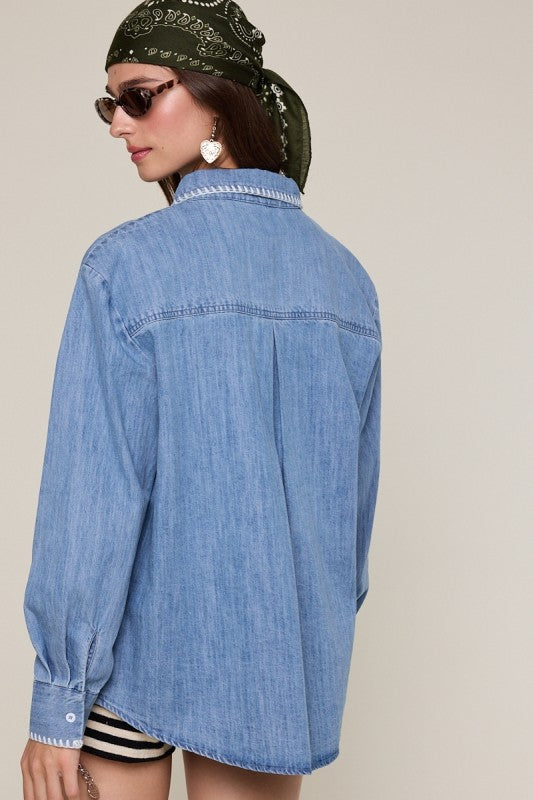 Embroidered Detail Oversized Denim Shirt