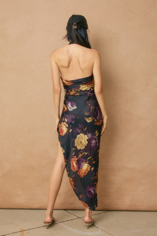 Floral Halter Side Pleated Maxi Dress