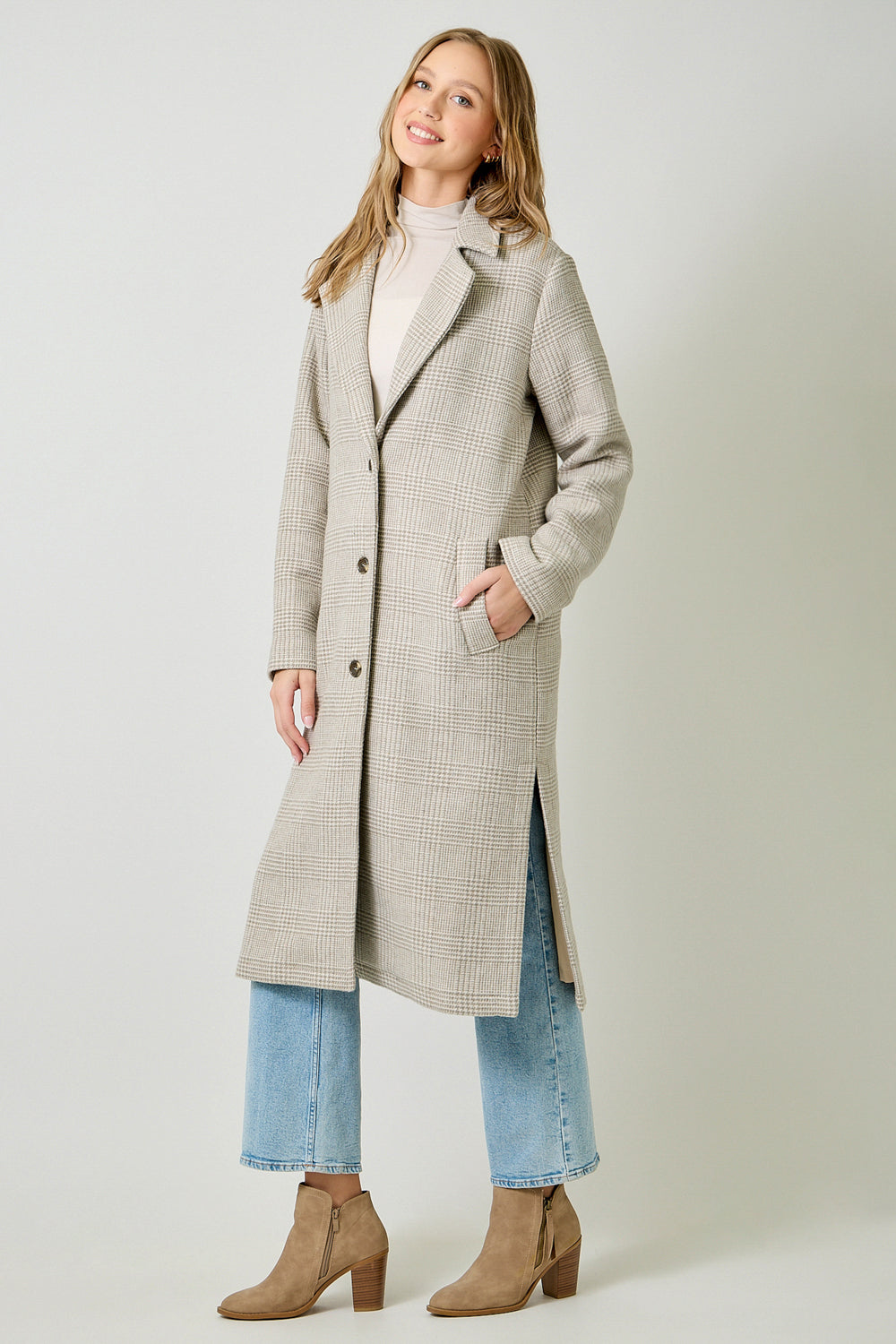 Houndstooth Plaid Long Coat