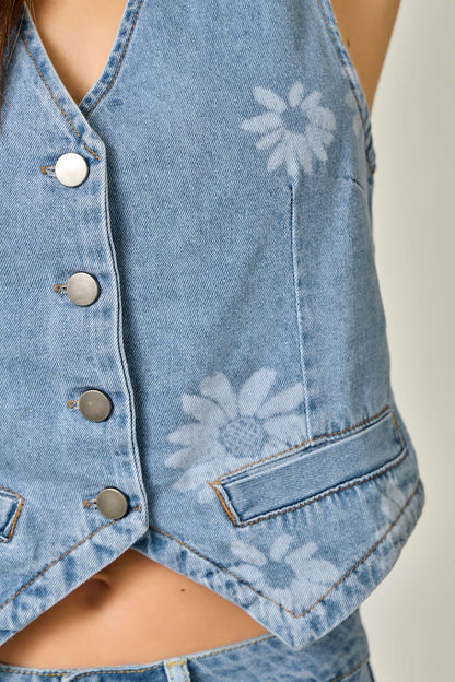 Printed Denim Vest