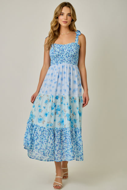 Strap Tied Smock Top Mixed Print Dress