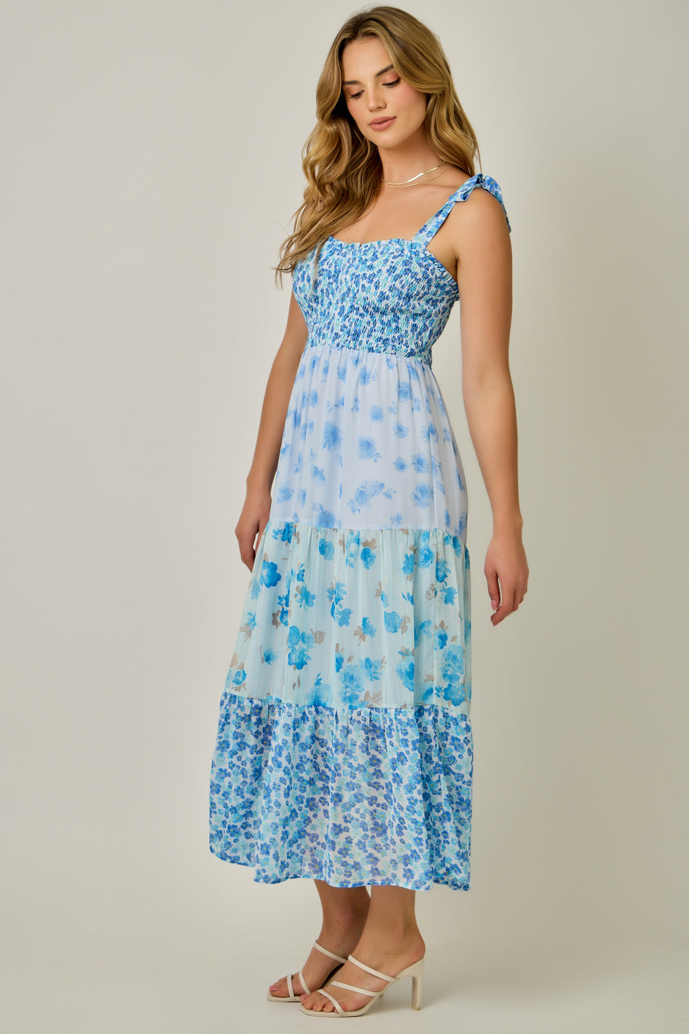 Strap Tied Smock Top Mixed Print Dress