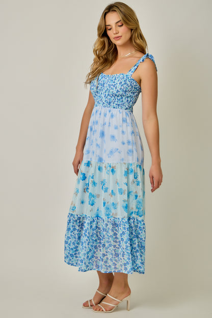 Strap Tied Smock Top Mixed Print Dress