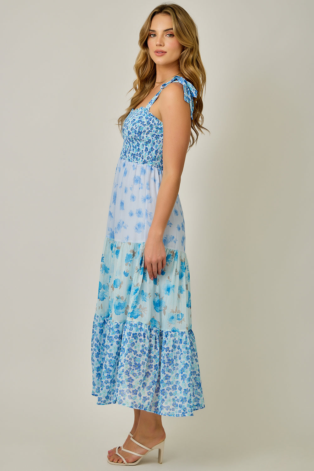 Strap Tied Smock Top Mixed Print Dress