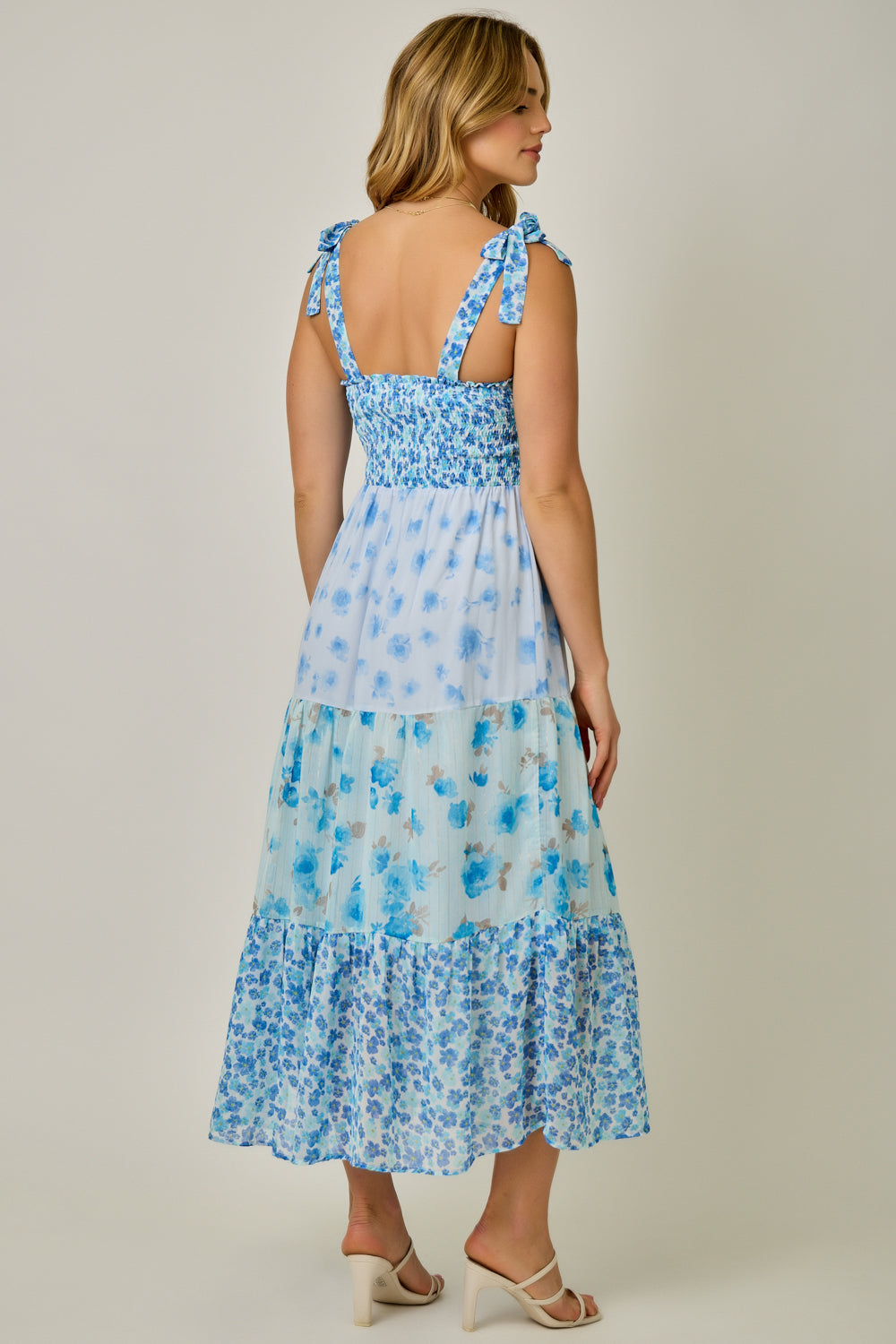 Strap Tied Smock Top Mixed Print Dress
