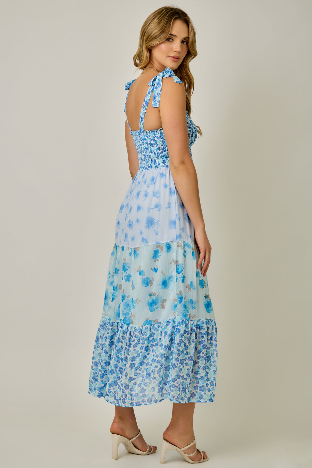 Strap Tied Smock Top Mixed Print Dress