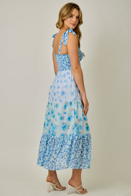Strap Tied Smock Top Mixed Print Dress