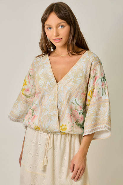 Border Print Front Wrap Kimono Top