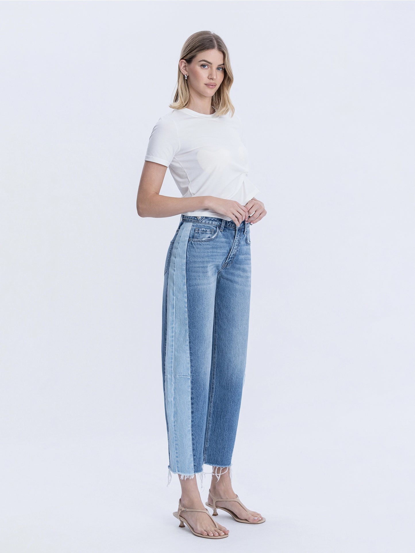 High Rise Two Tone Barrel Leg Jeans