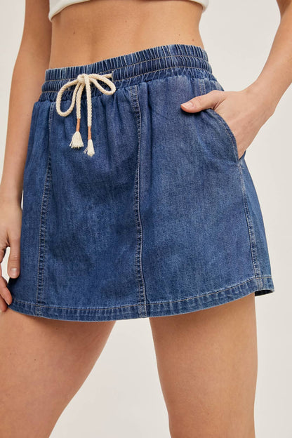 Denim Drawstring Skort With Pockets