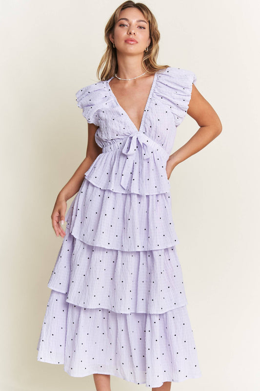 Lavender Polka Dot Tiered Midi Dress