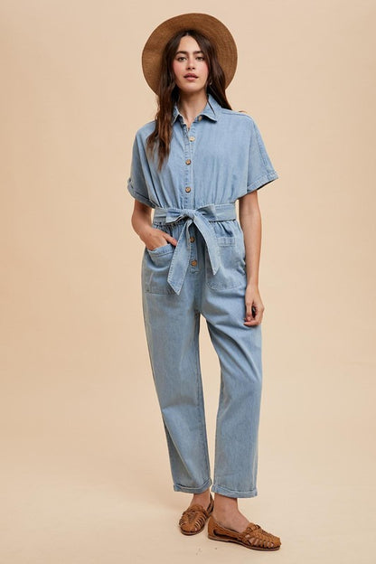 Denim Button Up Collared Jumpsuit