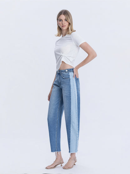High Rise Two Tone Barrel Leg Jeans