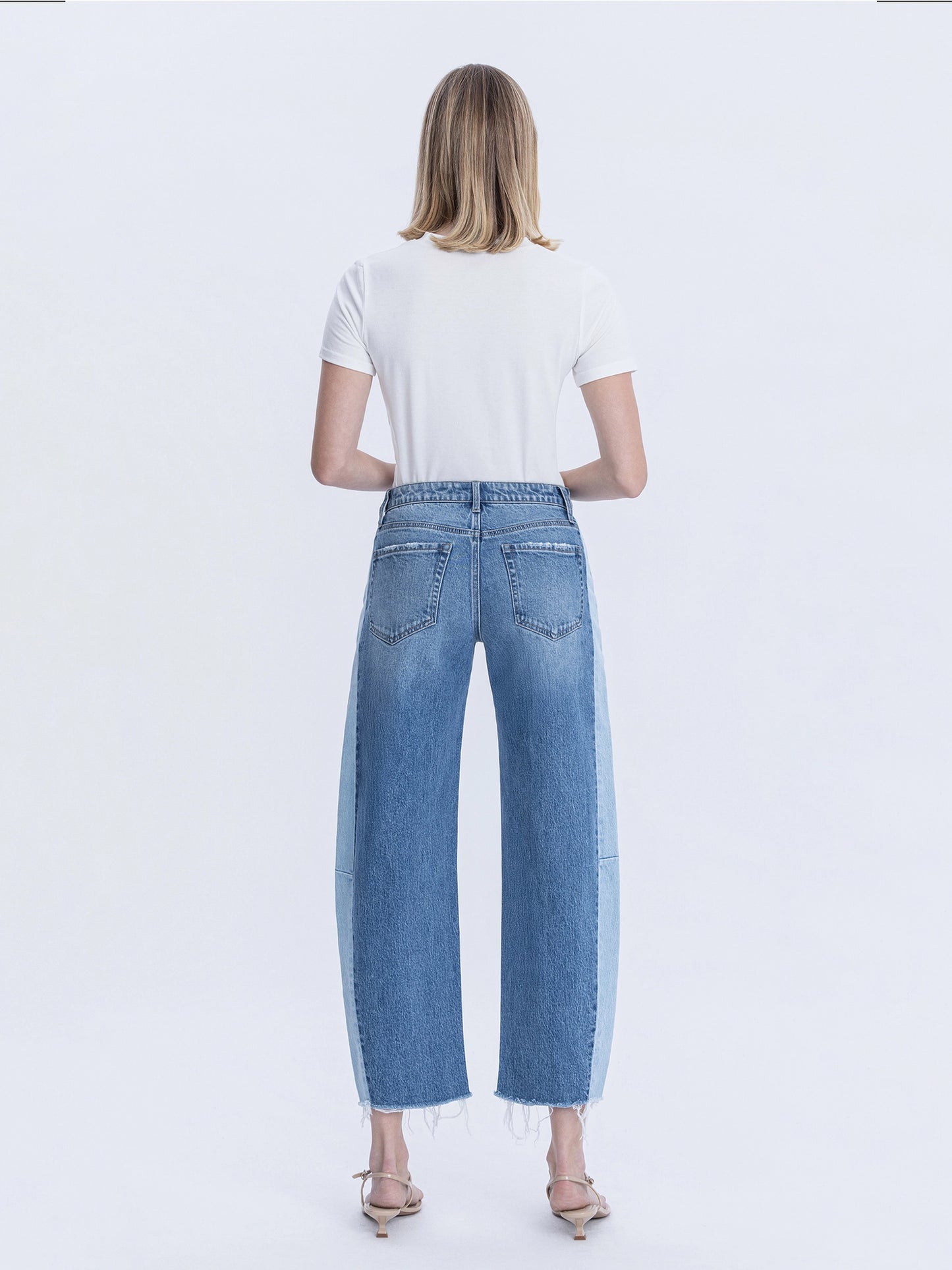 High Rise Two Tone Barrel Leg Jeans