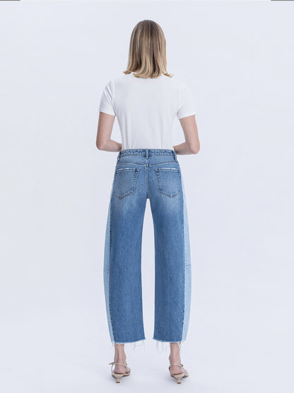 High Rise Two Tone Barrel Leg Jeans