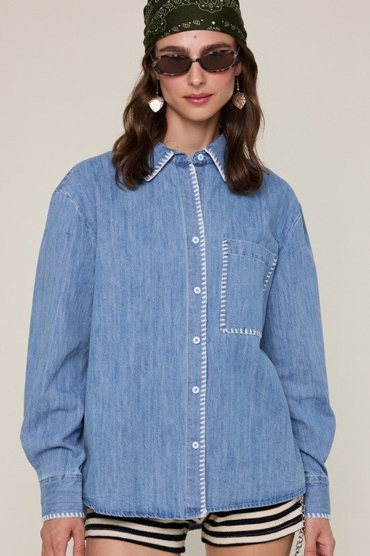 Embroidered Detail Oversized Denim Shirt