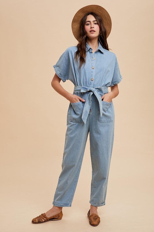 Denim Button Up Collared Jumpsuit