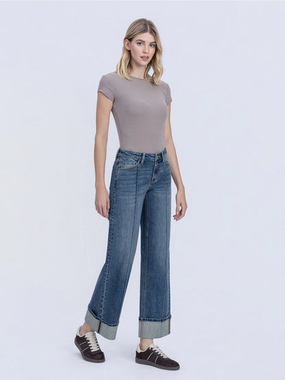Mid-Rise Pin Tuck Cuffed Wide Jeans
