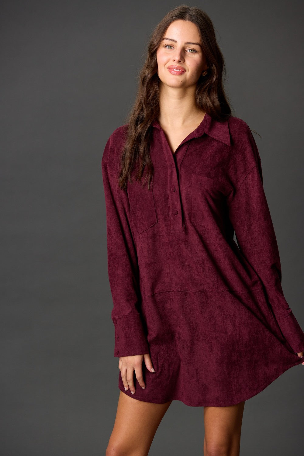 Suede Button Down Long Sleeve Short Dress