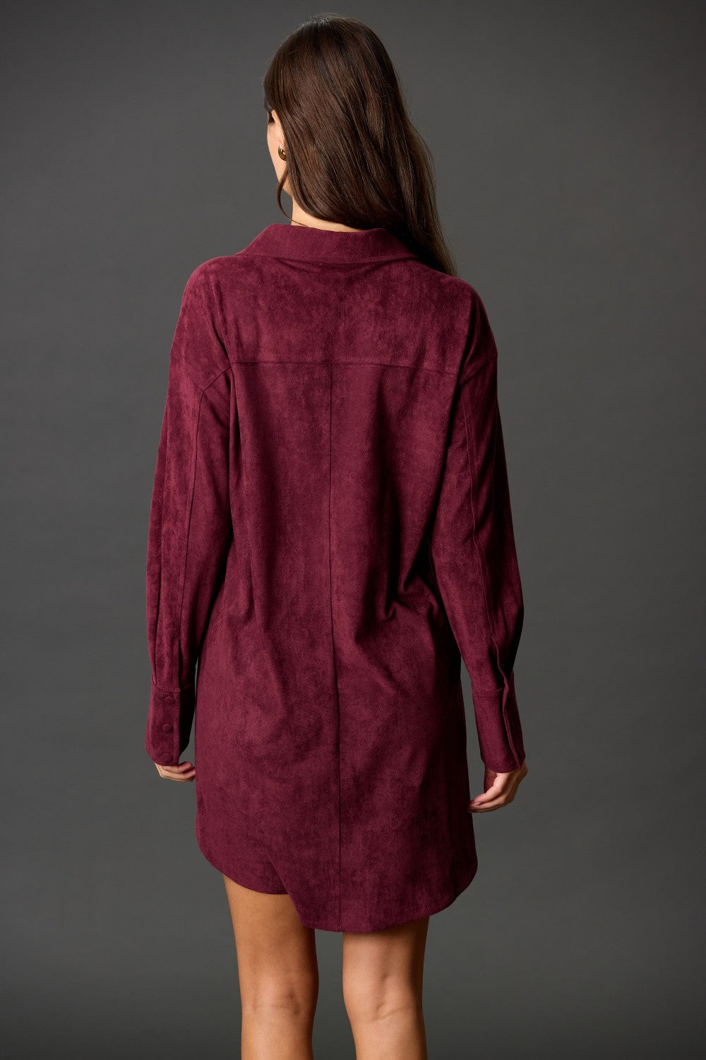 Suede Button Down Long Sleeve Short Dress