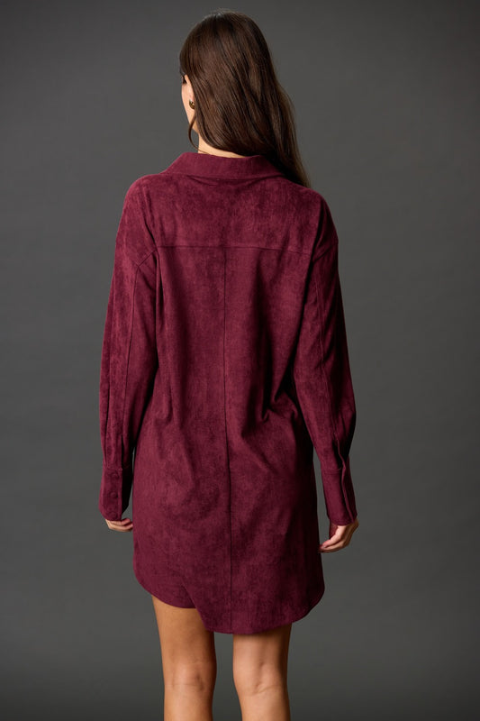 Suede Button Down Long Sleeve Short Dress