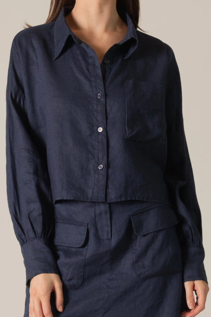 Diamond Linen Cropped Button Down Shirt