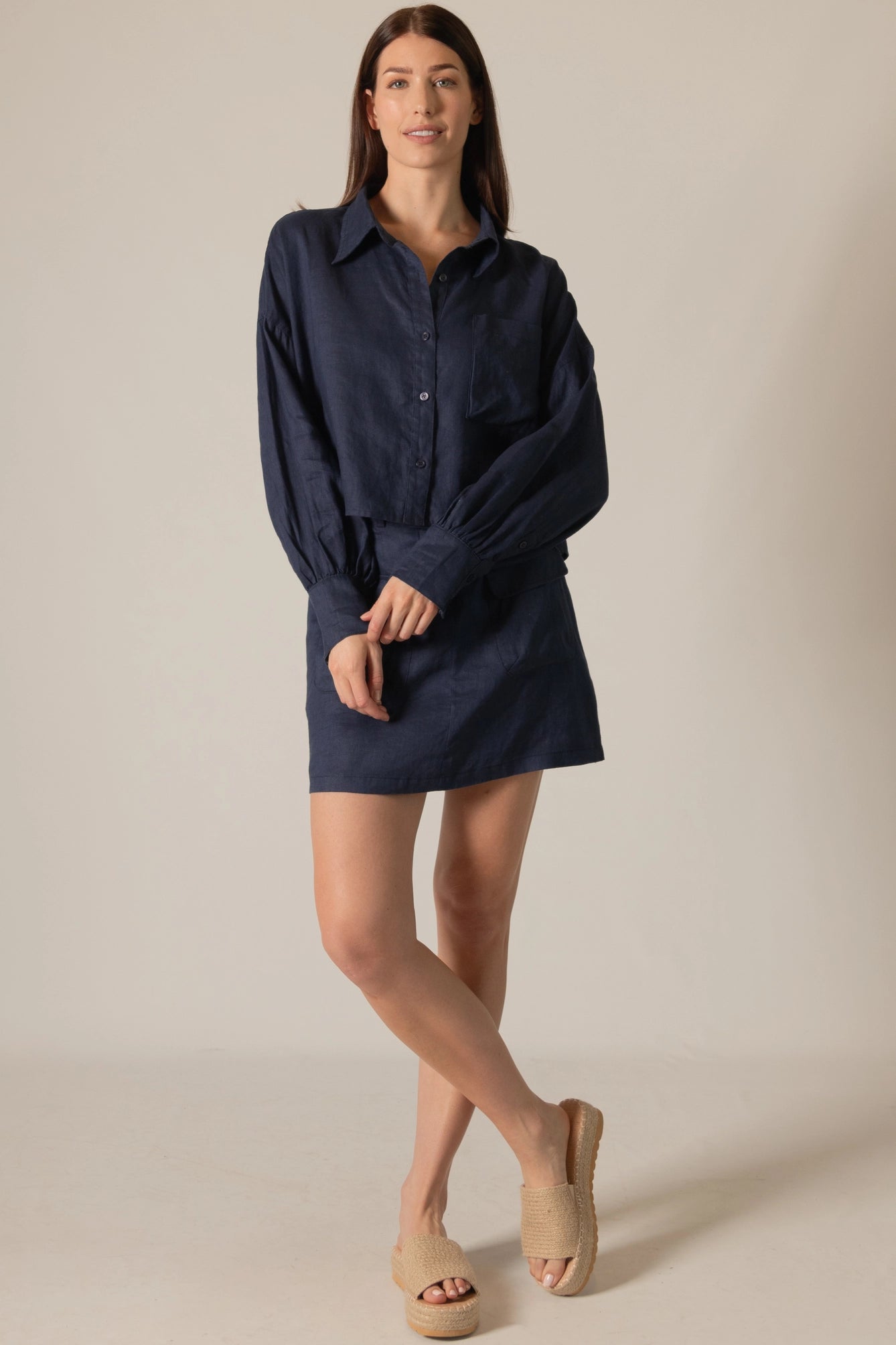Diamond Linen Cropped Button Down Shirt