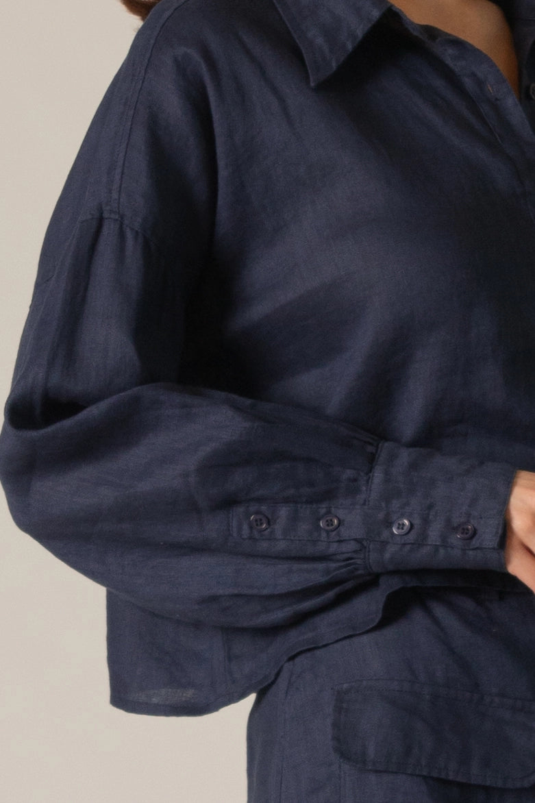 Diamond Linen Cropped Button Down Shirt