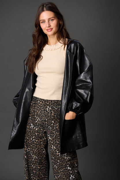 Faux Leather Billowy Sleeve Jacket