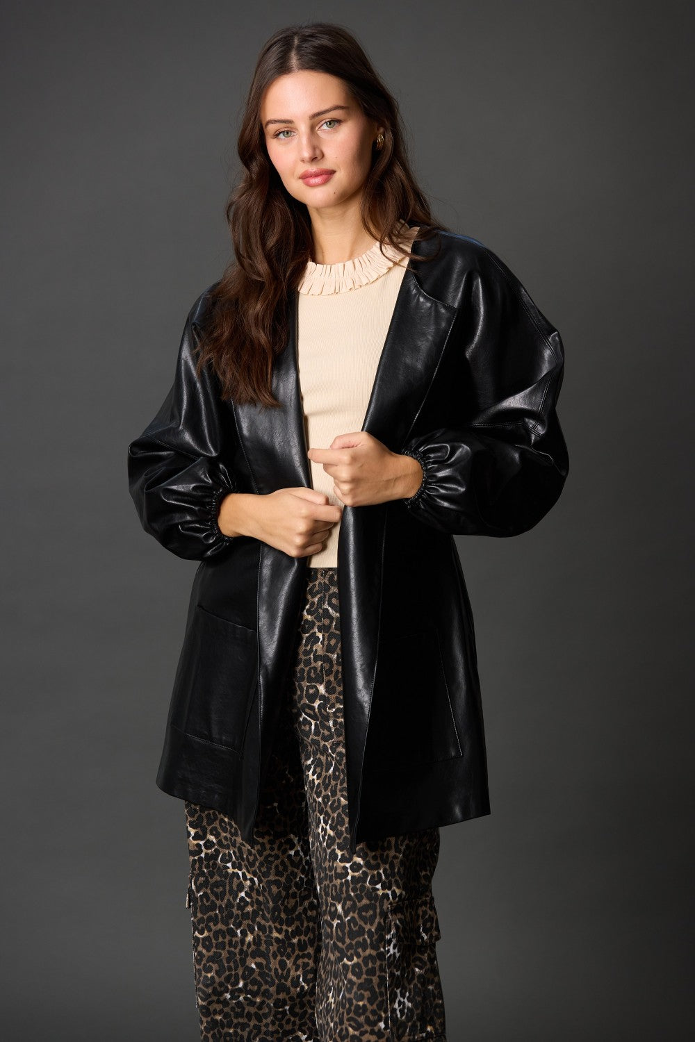 Faux Leather Billowy Sleeve Jacket