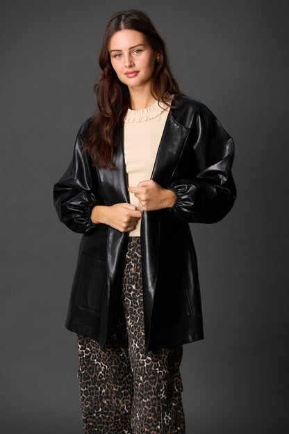 Faux Leather Billowy Sleeve Jacket