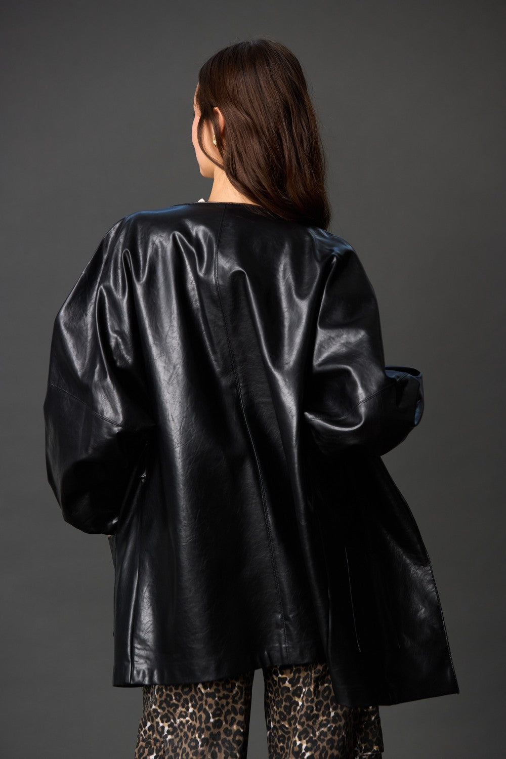 Faux Leather Billowy Sleeve Jacket