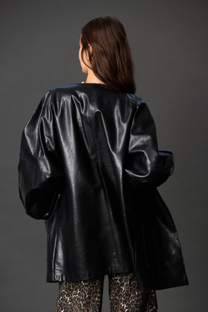 Faux Leather Billowy Sleeve Jacket