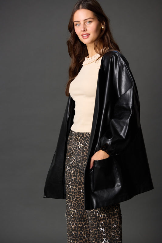 Faux Leather Billowy Sleeve Jacket