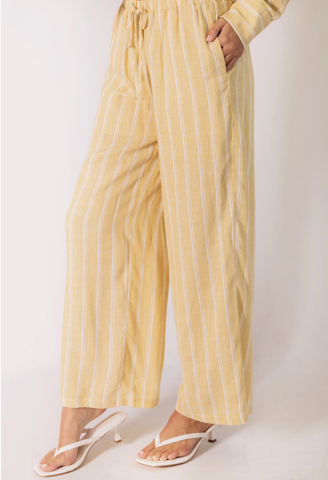Stripe Print Linen Drawstring Wide Leg Pants