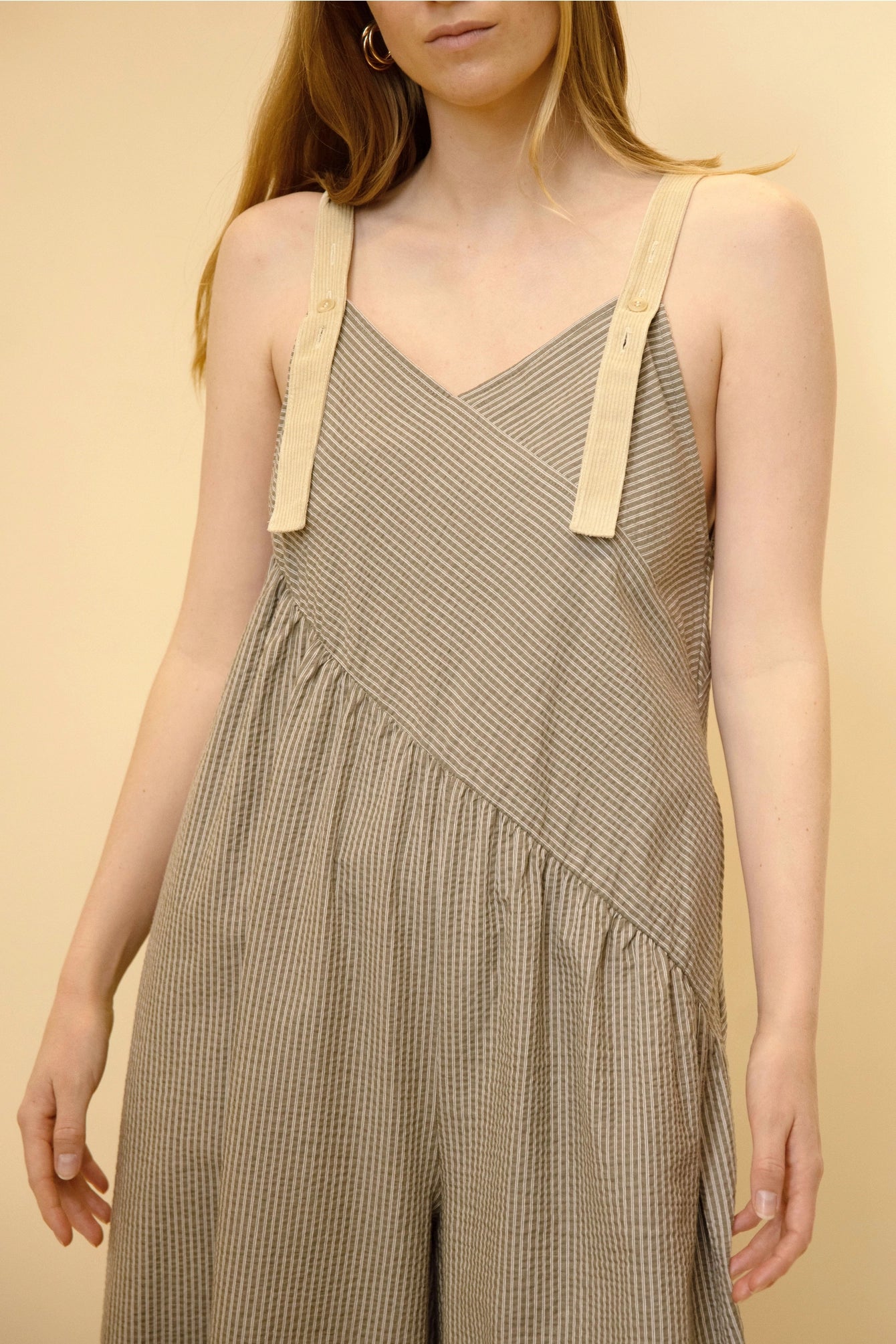 Striped Cotton Jumpsuit with Corduroy Straps