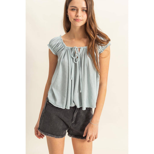 Slub Knit Cap Sleeve Flowy Peasant Top