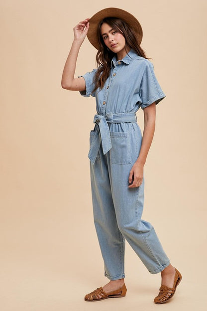 Denim Button Up Collared Jumpsuit