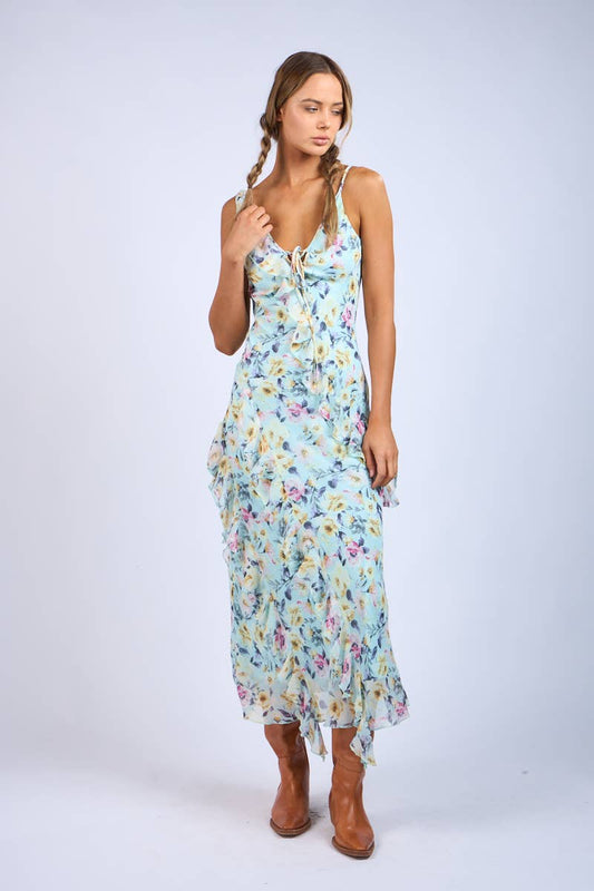 Floral Unbalanced Strap Ruffle Midi Dress`