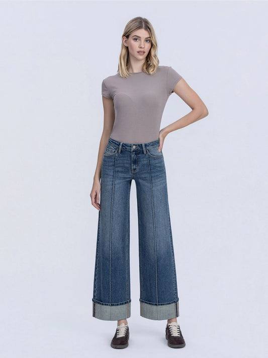 Mid-Rise Pin Tuck Cuffed Wide Jeans